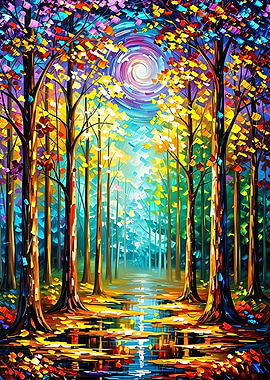 Colorful Forest Painting with Swirling Sky