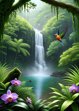 Jungle Waterfall with Exotic Bird