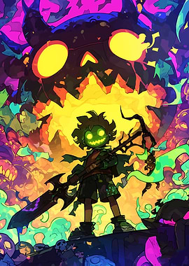 Neon Warrior with Skull Backdrop