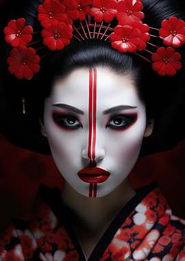 Geisha Portrait with Red Floral Headdress