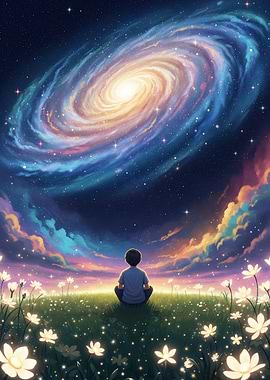 Boy Gazing at Galaxy in Flower Field