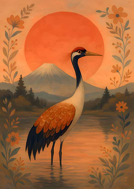 Crane in Water with Mountain Backdrop