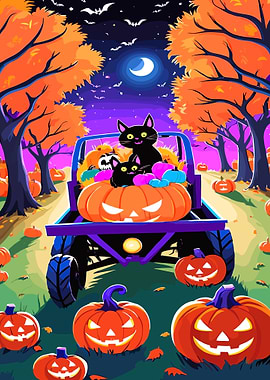 Halloween Cats in Pumpkin Truck