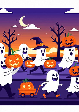 Halloween Ghosts Parade with Pumpkins