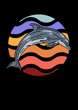 Dolphin Illustration with Retro Sunset Waves