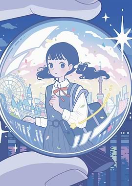 Anime Girl in Bubble with Cityscape