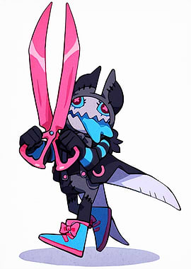 Cartoon character with pink scissors