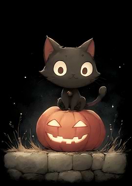 Black Cat on Halloween Pumpkin