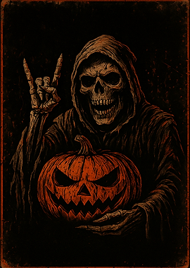 Grim Reaper with Pumpkin Halloween Art