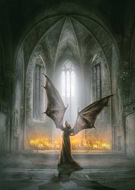 Veil of the Fallen - Winged Figure in Gothic Interior