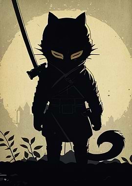 Ninja Cat Silhouette with Sword