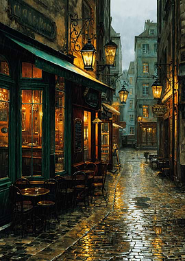 Rainy Parisian Street Cafe at Night