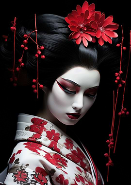 Geisha Portrait with Red Floral Accents