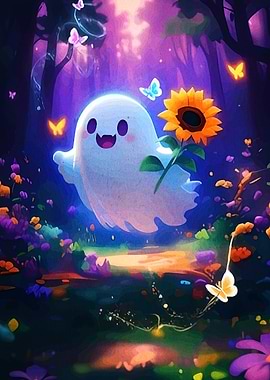 Cute Ghost with Sunflower in Forest