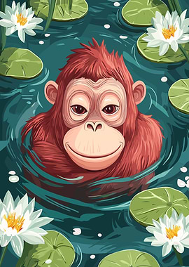 Cartoon Orangutan in Water Lily Pond
