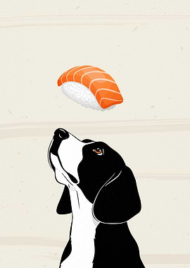 Dog looking at sushi illustration