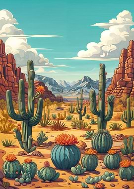 Cartoon Desert Landscape with Cacti