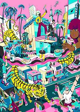 Vibrant Cityscape with Tiger and People