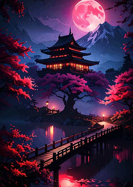 Japanese Temple Under a Pink Moon