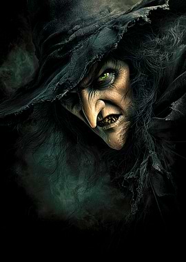 Creepy Witch Portrait with Green Eyes