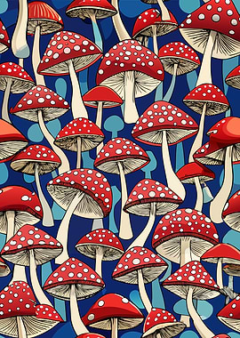 Amanita Mushroom Pattern on Blue Background