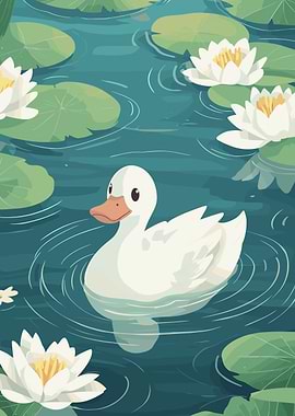 Duck swimming in a lily pond