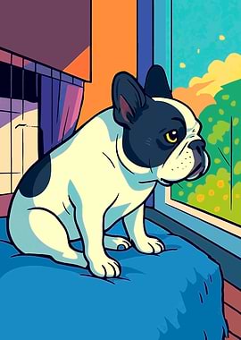 Cartoon French Bulldog Looking Out Window
