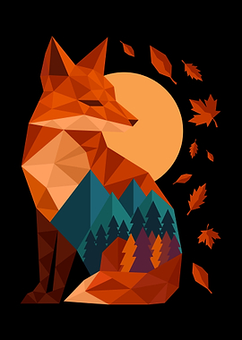 Geometric Fox Under Autumn Moon