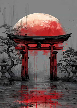 Red Torii Gate with Rising Sun
