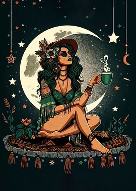 Boho Woman on Moon with Coffee