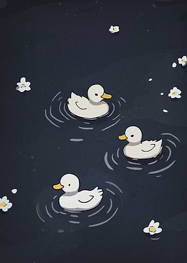 Three Ducks Swimming in Dark Water