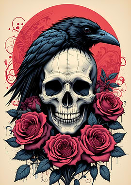 Skull, Raven, and Roses Tattoo Illustration