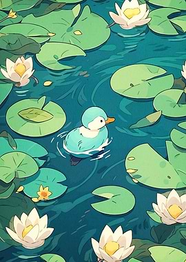 Duckling in Lily Pond