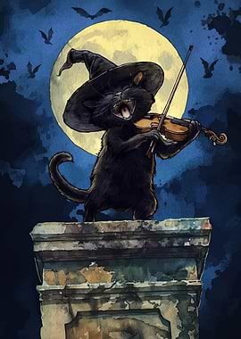 Halloween Cat Violinist Watercolor Illustration