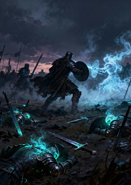 Knight versus spectral warrior on battlefield