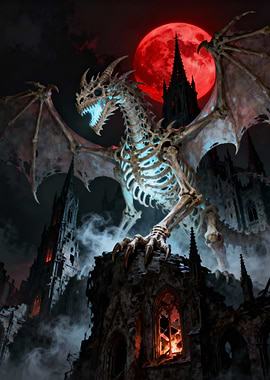Skeletal Dragon Overlooking Gothic Ruins
