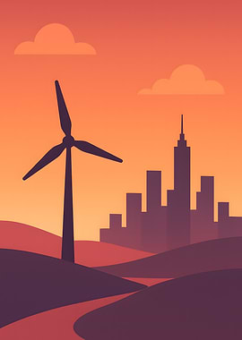 Wind Turbine and Cityscape Illustration