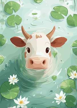 Cow in Pond with Lily Pads