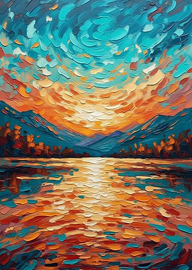 Impasto Landscape Painting with Lake and Mountains