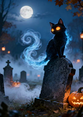 Halloween Black Cat on Tombstone