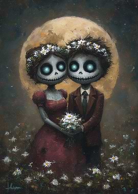 Skeleton Couple Wedding Under Moonlight Painting