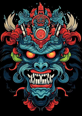 Detailed Oni Mask Illustration on Black