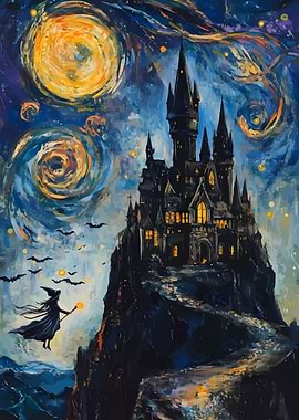 Whimsical Witchcraft Castle Night Painting