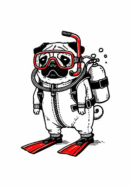 Pug Dog Scuba Diving Illustration