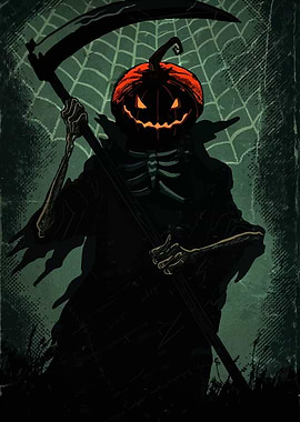 Pumpkin-headed Grim Reaper with scythe