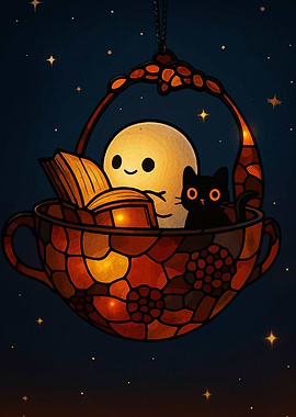 Ghost, Cat, and Book in Teacup