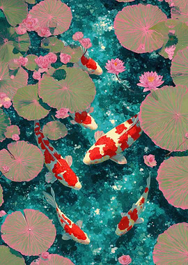 Japanese Pond of Koi Fish and Lily Pads