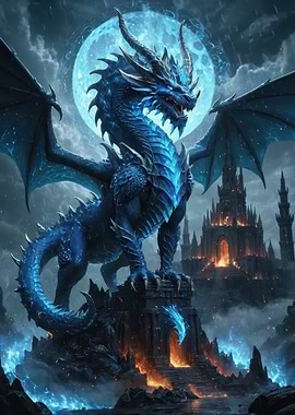 Moonlit Blue Dragon Guardian Over Lava Castle