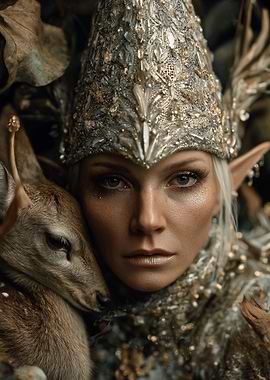 Elf with Fawn in Forest Portrait