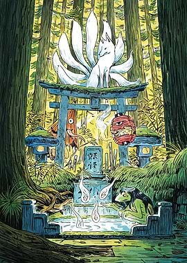 Japanese Yokai Forest Shrine Illustration